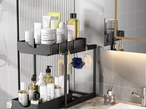 2 Pack Double Sliding Under Sink Organizers and Storage,Two Tier Bathroom Storage